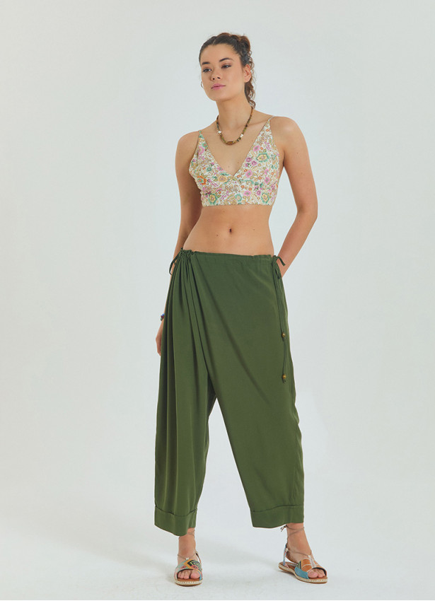 Green Women's Casual Trousers with Adjustable Waist and Rope Detail 4580